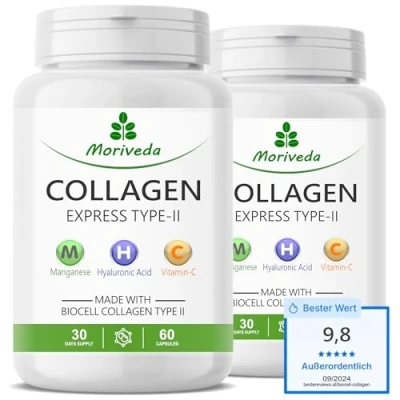 Abbildung von Collagen Express Kapseln mit Biocell Typ II 2 Monate Vorrat Hyaluronsäure, Chondroitinsulfat, Vitamin C &amp; Mangan Haut Haare Gelenke von MoriVeda 2x 60 Stück