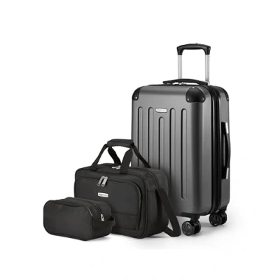 Abbildung von Amazon Basics Hartschalenkoffer Handgepäck Set, 3 teilig, Handgepäckkoffer, Tragetasche, Kompakte Reisetasche, Erweiterbar, 4 Spinner Räder, Schwarz