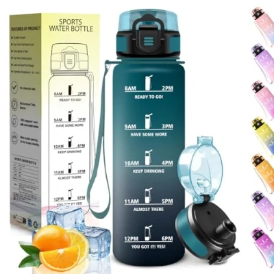 Abbildung von HoneyHolly Trinkflasche 1L, Zeitmarkierung, Wasserflasche, Auslaufsicher, Kohlensäure Geeignet, Wiederverwendbar, Water Bottle für Fitnessstudio, Radfahren, Büro, Outdoor, Sportflasche