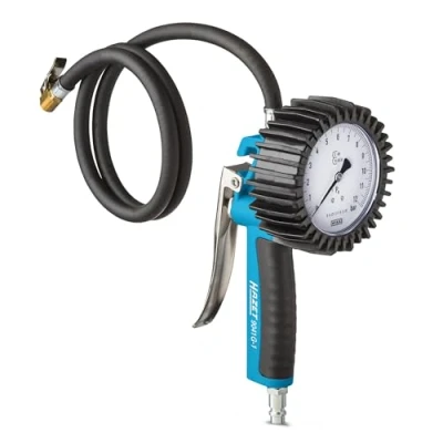Abbildung von HAZET Reifenfüll Messgerät 9041G 1 I Geeicht, optimal ablesbar, Manometer Messbereich: 0 10 bar, Schlauchlänge: 1000 mm, Durchmesser: 80 mm Reifendruck Prüfer für Auto, Motorrad, LKW