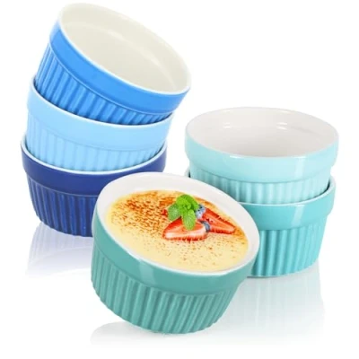 Abbildung von COM FOUR® 6x Soufflé Förmchen Creme Brulee Schälchen aus Keramik Ofenfeste Dessertschale und Pastetenförmchen für z.B. Ragout Fin je 200 ml in verschiedenen Grün Blautönen