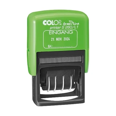 Abbildung von COLOP Printer S260 L1 Green Line Stempel, Text Eingang, Abdruck blau rot, Datum Deutschrodukt im Faltkarton