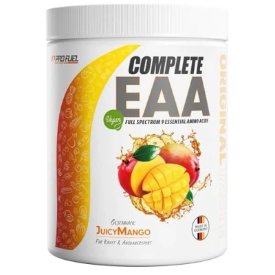 Abbildung von EAA Pulver 500g JUICY MANGO 12.500mg essentielle Aminosäuren, unglaublich lecker &amp; erfrischend COMPLETE mit allen 9 EAAs inkl. Histidin vegan Aminosäuren Amino Workout Drink