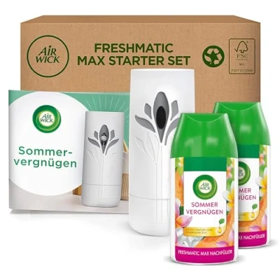 Abbildung von Air Wick Freshmatic Max Starter Set mit Gerät und 2 Nachfüllern Lufterfrischer automatisch Duft: Sommervergnügen x 250 ml Nachfüller + in Weiß