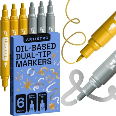 Abbildung von Artistro Metallic Marker Permanent Set aus 6 Gold und Silberstiften, Ölbasierte Lackmarker mit Doppelspitze (0,7 mm + 3 mm), Wasserfeste Stifte für Stein, Keramik, Glas, Holz, Reifen, Stoff &amp; mehr