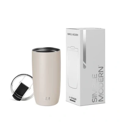 Abbildung von Simple Modern Reisebecher für Kaffee Trinkbecher Becher mit Klappdeckel Isolierter EdelstahlEiskaffeebecher Geschenke Frauen und Männer Voyager Sammlung 470ml Almond Birch