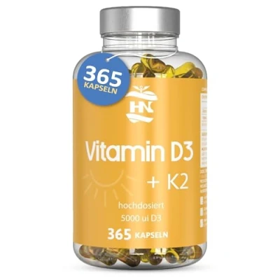 Abbildung von Vitamin D. (5000 IE) 365 Kapseln D3 + K2 Hochdosiert Unterstützt Immun Und Knochenfunktion Hohe Konzentration Antioxidantien Antifettiga Weichkapseln Premium