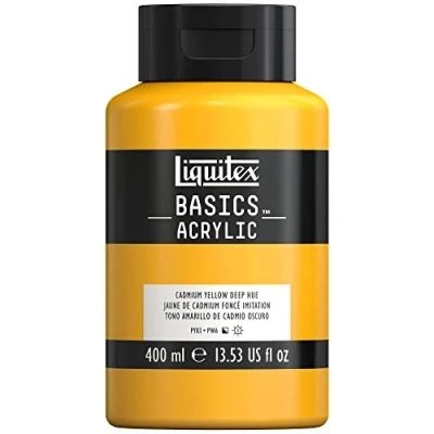 Abbildung von Liquitex 8870316 Basics Acrylfarbe, monopigmentierte Künstlerpigmente, lichtecht, mittlere Viskosität, Archivqualität, seidenglänzender Finish, 400ml Flasche Kadmiummiumgelb dunkel Farbton