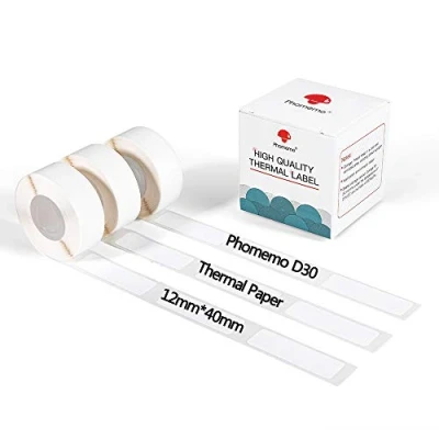 Abbildung von Phomemo D30 D30Pro Thermodrucker Papierrolle Wasserdichtes Druckpapier 12 x 40 mm / 0,47 1,57 Zoll Selbstklebendes Weiß für Drahtlose Tragbare Thermodrucker, 3 Rollen
