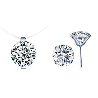 Abbildung von Yumilok Damen Ohrstecker Halskette Kette Nylonkette Kabelkette mit Zirkonia Anhänger Solitär Ohrringe Creolen Schmucksets Set Geschenk für Frauen Mädchen Silber