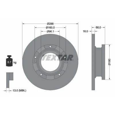 Abbildung von TEXTAR PRO 93260703 Bremsscheibe 288 16 05/05 160 voll beschichtet mit ABS Sensorring, ohne Radbefestigungsbolzen FORD: Transit V363 Van