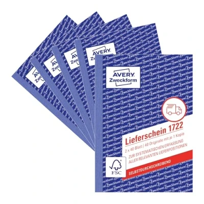 Abbildung von AVERY Zweckform 1722 5 Lieferschein (A6, 2x40 Blatt, selbstdurchschreibend mit farbigem Durchschlag, zur systematischen Erfassung aller relevanten Lieferpositionen) 5er Pack, weiß/gelb