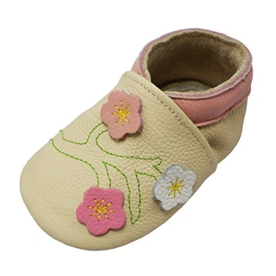 Abbildung von YALION Baby Mädchen Weiches Leder Lederpuschen Kleinkinder Krabbelschuhe mit Süßen Blumen Beige,EU 18/19=S