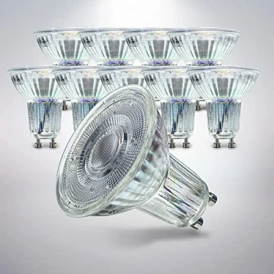 Abbildung von B.K.Licht 10er Set LED Lampe GU10 mit warmweißer Lichtfarbe, 5 Watt, 400 Lumen, LED, Glühbirne, Leuchtmittel, Birne, Reflektor, Glühlampen, Bulb, 5,3x5 cm, Transparent