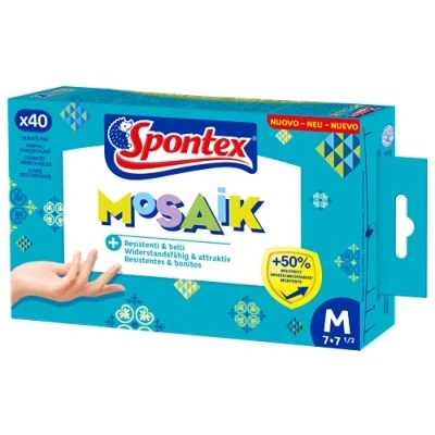 Abbildung von Spontex Mosaik Einmalhandschuhe aus Nitril, latexfrei, ungepudert, besonders resistent, vielseitig einsetzbar, blau, Größe M, 40er Pack