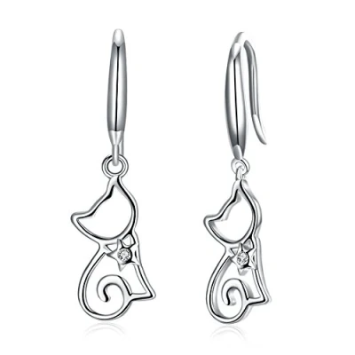Abbildung von Belons Katzen Ohrhänger Damen 925 Sterling Silber Zirkonia Kätzchen Hängende Ohrringe Mädchen Ohrschmuck,