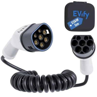 Abbildung von EVify Typ 2 Spiralladekabel 22kW 5M 32A für Elektroauto &amp; Hybrid inkl. Kabeltasche Spiralkabel 3 phasig EV PHEV Platzsparend, geeignet alle E Autos Modell S X Y, ID3, ID4, ID5
