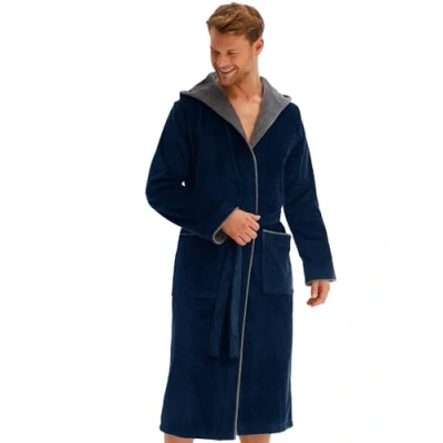 Abbildung von Morgenstern Bademantel für Herren aus Baumwolle mit Kapuze in Navy Blau Haus lang Dusch Dunkelblau Frottee Grösse XL