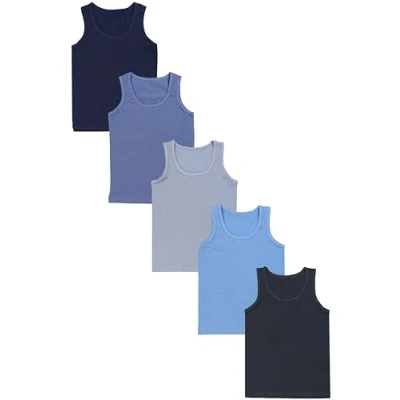 Abbildung von TupTam Kinder Jungen Unterhemd Ärmellos Tanktop 5er Pack, Farbe: Dunkelblau Anthrazit Indigo Blau Grau, Größe: 140 146
