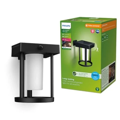 Abbildung von Philips Outdoor Ultra Efficient Solar Camill Wandleuchte 1,4W, Dual Bright Sensor, rund, matt, 3000 Kelvin, IP44 wetetrfest, schwarz