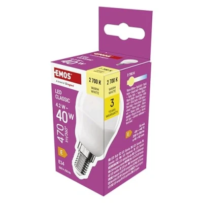 Abbildung von EMOS LED Lampe Mini Globe, 4,2W Ersatz für 40W Glühbirne, kleine Birne mit E14 Sockel, Helligkeit 470 lm, Warmweiß 2700 K, 30000 h Lebensdauer, CRI min. 80, 150 Abstrahlwinkel