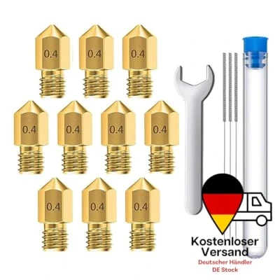 Abbildung von MMOBIEL 10 Stück Extruder für 3D Druckerdüsen, 0.4 mm, Messing MK8, kompatibel mit Creality Baureihe Ender 3, 5, CR 10/10S, Makerbot, inkl. 3 Reinigungsnadeln und Schraubenschlüssel