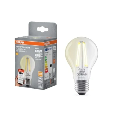 Abbildung von Osram SMART+ LED Lampe, A60, 6W, 2700K, E27, Kolbenform, Filament, klar, dimmbar, steuerbar mit App oder Sprachassistent, Matter kompatibel