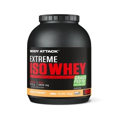 Abbildung von Body Attack Extreme Iso Whey, Apricot Yoghurt, 1,8 kg, CFM Whey Protein Isolat aus 100% irischer Weidemilch, glutenfrei, reich an EAAs, perfekt löslich, fettarm, ohne Aspartam, 90,6% Anteil
