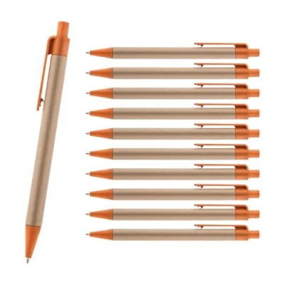 Abbildung von 10 Kugelschreiber aus Recycling Papier und Kunststoff Tom Weizenstroh orange einziehbar farbiger Clip, Druckknopf Spitze blauschreibende austauschbare Mine Büro, Schule nachhaltig