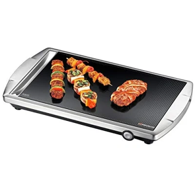 Abbildung von ROMMELSBACHER CERAN® Grill CG 2303/E Made in Germany, SCHOTT Grillfläche, Temperaturen bis 380 C stufenlos einstellbar, versenkbarer Knebel, Fettablaufrinne; Edelstahlgehäuse, 2000 Watt