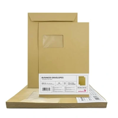 Abbildung von Netuno 50 Versandtaschen DIN C4 braun 229 x 324 mm 90g braune groß mit Fenster links große Briefumschläge Maxibrief a4 Briefkuverts Sichtfenster big envelopes