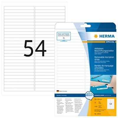 Abbildung von HERMA 10015 Beschriftungsstreifen ablösbar, 25 Blatt, 96 x 10 mm, 54 pro A4 Bogen, 1350 Stück, selbstklebend, bedruckbar, matt, blanko Papier Klebeetiketten Aufkleber, weiß