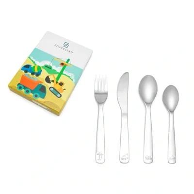 Abbildung von Zilverstad 6826030 Kinderbesteck Baufahrzeuge, 4 teilig, Edelstahl 304, Silberfarben,21.5x15.5x2.5cm