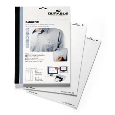 Abbildung von Durable Selbstklebe Namensschild Badgefix, 30 x 60 mm, weiß, 540 Stück auf 20 Bg., 833302