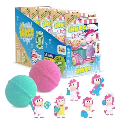 Abbildung von INKEE UNICORN PROFESSIONS 5x Badebomben Kinder mit Überraschung, 5 von 6 verschiedenen Einhörnen zum Sammeln 100g Badekugeln Bananenmilchshake Aroma und Jojobaöl, Rosa oder Grün