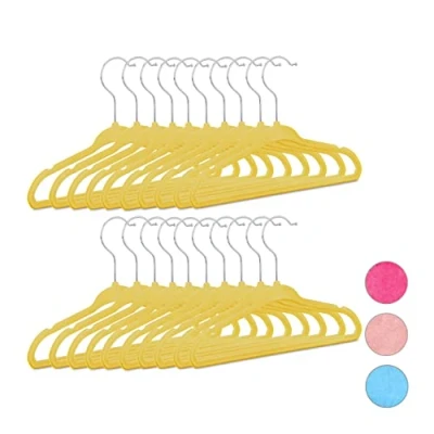 Abbildung von Relaxdays Kleiderbügel Kinder 20er Set, rutschfest, Kinderbügel Samtbezug, weiche Babybügel, 360 drehbare Haken, gelb, 28 x 18 0,5 cm