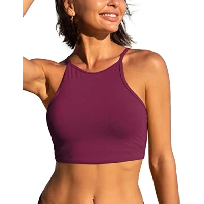 Abbildung von CRZ YOGA Damen Bikinitops Stehkragen Bikini Sport BH Racerback Gepolstert Bikinioberteil Sexy Oberteil Fuchsie 36