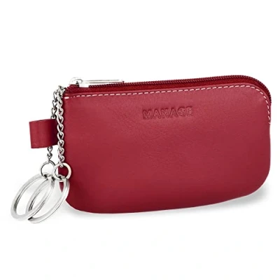Abbildung von MANAGE Leder Schlüsseletui Rot mit Münzfach und Schlüsselring Schlüsselmäppchen Reißverschluss Damen Herren für Schlüssel Autoschlüssel keychain Schlüsseltasche