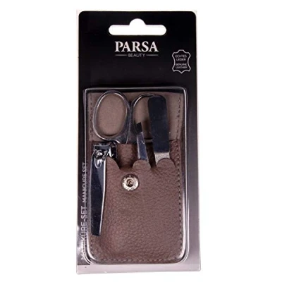 Abbildung von PARSA Beauty Maniküre Set 4 teilig Etui aus echtem Leder in grau ideal für unterwegs