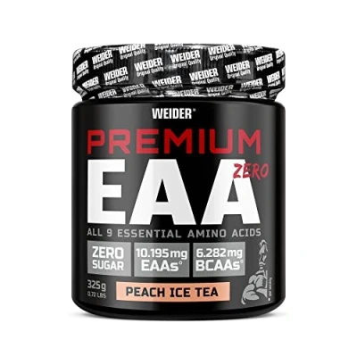Abbildung von WEIDER Premium EAA Pulver Zero, Peach Ice Tea Geschmack, alle 9 essentiellen Aminosäuren hochdosiert, leicht lösliches für leckeren Amino Drink mit hohem BCAA Gehalt, vegan &amp; zuckerfrei, 325 g