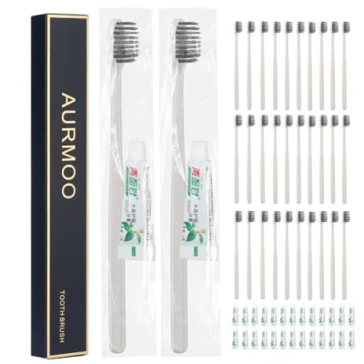 Abbildung von AURMOO Einweg Zahnbürsten, Zahnbürste, Handzahnbürste, 30 Set Zahnbürste mit Zahnpasta set, Runder Zahnbürsten Griff(Grau)