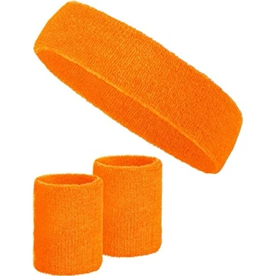 Abbildung von 3 teiliges Schweißband Set mit 2X Schweißbändern für die Handgelenke + 1x Stirnband Damen &amp; Herren (Orange)