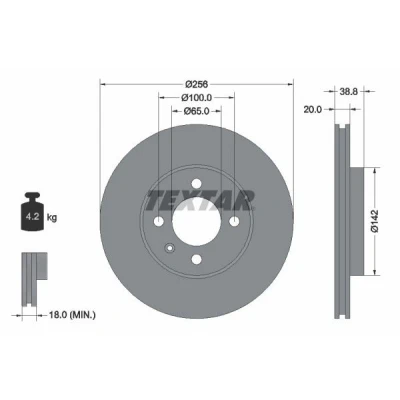 Abbildung von TEXTAR PRO 92036803 Bremsscheibe 256 20 04/05 100 innenbelüftet beschichtet ohne Radbefestigungsbolzen, Radnabe VOLKSWAGEN: GOLF 3, 2