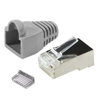 Abbildung von odedo 20er Pack RJ45 Stecker CAT 6 / 5e grau Metall geschirmt mit Einfädelhilfe und Knickschutz, Crimp Gigabit Ethernet Netzwerkstecker cat6
