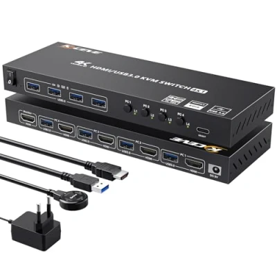 Abbildung von HDMI KVM Switch 4 PC 1 Monitor 4K@60Hz, EDID Emulator, USB 3.0 Port Teilen Tastatur Maus Monitor, mit Wired Remote und HDMI+USB3.0 Kabeln…