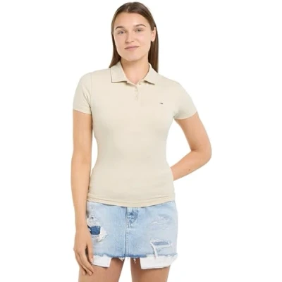 Abbildung von Tommy Jeans Damen Poloshirt Kurzarm Essential Polo Slim Fit, Elfenbein (Newsprint), XL