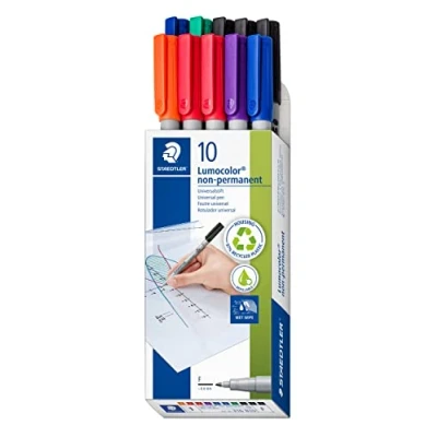 Abbildung von STAEDTLER Folienstift Lumocolor, non permanent, wasserlöslich, F Spitze mit Linienbreite ca. 0.6 mm, hohe Qualität, Set 10 Farben, 316 B10