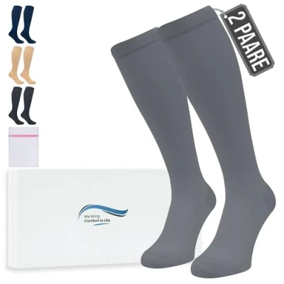 Abbildung von 360 Relief Kompressionsstrümpfe Damen und Herren 2 Paare Kompressionssocken Einfarbig für Sport, Laufen, Flug, Reise, Joggen, Radsport, kniestrümpfe, S/M Grau mit Wäschenetz