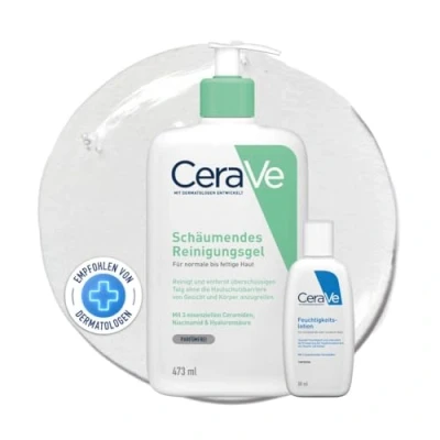 Abbildung von CeraVe Schäumendes Reinigungsgel und Feuchtigkeitslotion, Mit Hyaluronsäure, Für Gesicht Körper, Ohne Duftstoffe, Auch bei Neurodermitis Allergien, 473 ml + 88