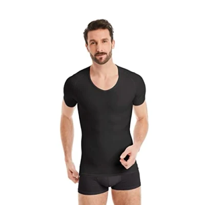 Abbildung von FINN Figurformendes Kompressions Shirt Herren mit Bauchweg Effekt Kurzarm Shapewear Unterhemd aus Baumwolle Body Shaper für einen flacheren Bauch Schwarz 3XL